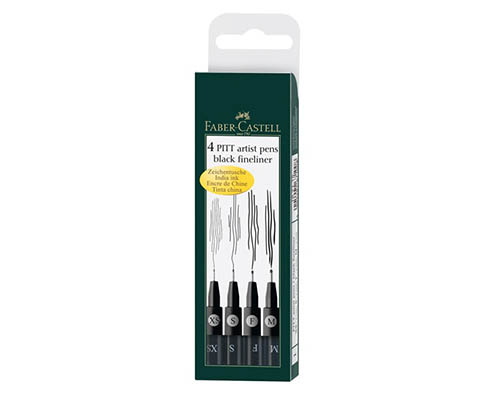 Faber-Castell India Ink Artist Pitt Pens - Black - Wallet Set of 4 Fineliners